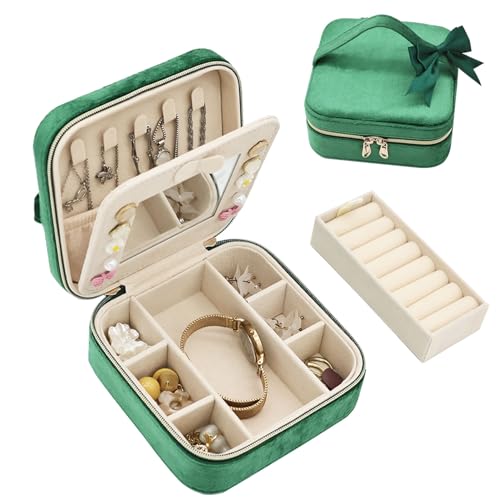 Travel Jewelry Case, Small Jewelry Box With Mirror, Velvet Travel Jewelry Organizer for Women, Jewelry Boxes for Women Storage Necklace Ring Earrings (Dark Green) - color: Dark Green