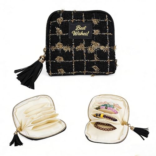 Travel Jewelry Case Small with Tassel Zipper, Soft Velvet Travel Jewelry Organizer Pouch for Necklaces, Rings and Earrings, Portable Multi Layer Jewelry Bags, Anti Tangle Storage - color: black