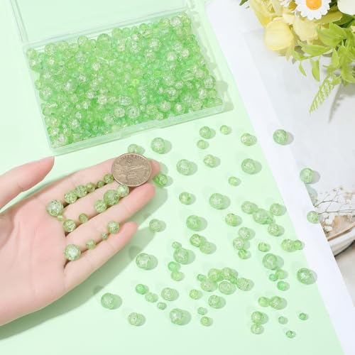 1 Box 450PCS 4/6/8/10MM Light Green Crackle Glass Beads with Holes Round Crack Smooth Patrick Sparkle Spacer Loose Bead Bulk for Jewelry Making Necklace Bracelet Earrings DIY Craft Supply - color: Green