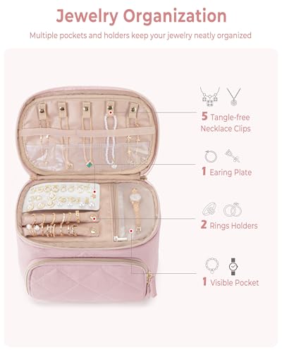 Jewelry Travel Case with 2 Clear Pouches, 2-Layer Jewelry Organizer Storage Bag for Necklaces, Earrings, Rings, Bracelets, Pink(Empty Bag) - color: Pink
