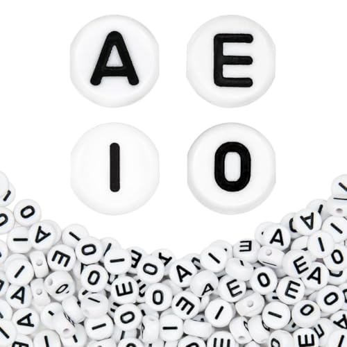 360Pcs 4X7mm Acrylic Letter Beads for Jewelry Making - White Round Vowel Letter E Beads for Bracelets, Necklaces, DIY Crafts - color: 01 AEIO, size: White & Black