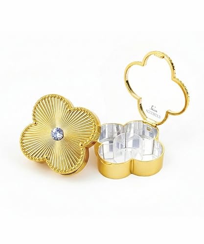 Lucky Charm Luxury Travel Pill Organizer, 5 Compartments, Easy-Open Lock, Mirror, Cute Compact Pill Box for Purse, BPA-Free, Gold, Stylish Vitamin Case & Small Jewelry Storage (Gold) - color: Gold