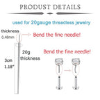 QWALIT Piercing Taper Threadless Insertion Tool - Titanium Labret Pin 16g, 18g, 20g - color: F11 - Silver Thin 20g
