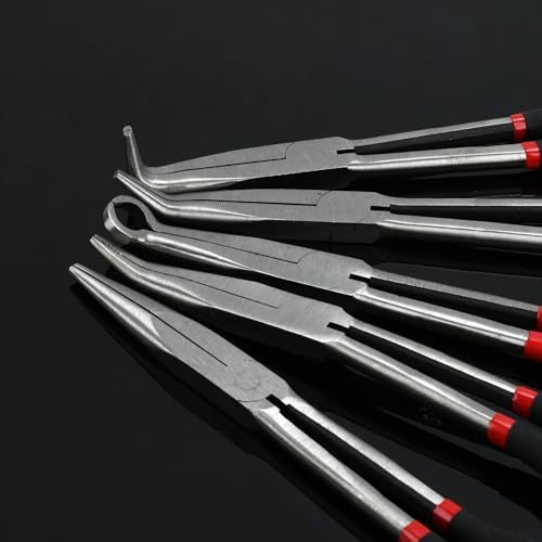 5 Pack 11" Precision Long Nose Pliers Set with Insulated Comfort Grip Handles,Straight Long Needle Nose Pliers, 25/45/90° Curved & Circle for Wire Shaping/Trimming - size: 5pcs-11"