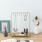 MyGift 14 Inch Brass Metal Jewelry Organizer Stand for Necklaces with 20 Hooks and Ring Tray - color: Brass