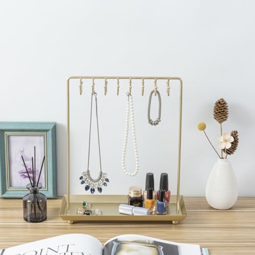 MyGift 14 Inch Brass Metal Jewelry Organizer Stand for Necklaces with 20 Hooks and Ring Tray - color: Brass
