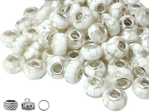 White Shell European Craft Beads for Jewelry Making Large Hole Beads for Pen 140pcs 14mm Rondelle Slide Charm Beads, Big Hole Space Resin Beads for DIY Bracelet Charms (PT400) - color: PT400 Shell White