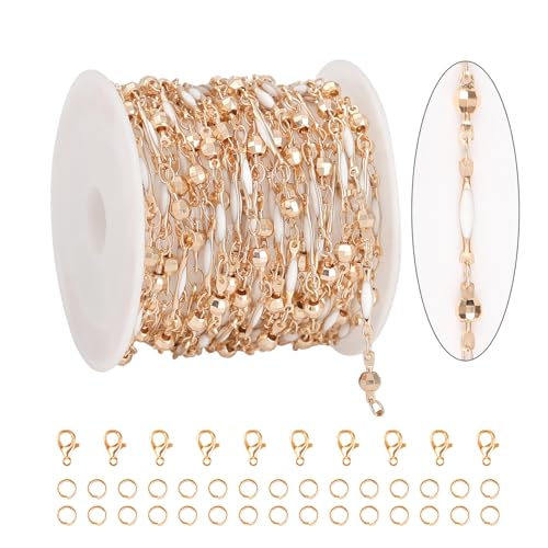 KYUNHOO 4 Meters Satellite Beaded Chain for Jewelry Making White Oil Drip Chain Link Gold Plated Brass Chain Spool for Women Making Jewelry Crafting Finding Supplies - color: Stick White