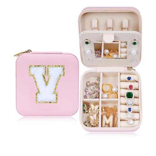 ETHOON Jewelry Travel Case Small Organizer Stocking Box Personalized Gifts Teenage Jewelry Accessories Holiday Christmas Gift for Women Pink Mirror, Letter V - color: Pink V