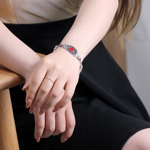 Women's Medical ID Bracelet with White Zircon Tennis Chain, Interchangeable Engraved Plate, Adjustable Lobster Clasp, Lightweight, Hypoallergenic, for Running, Outdoor, Daily Wear - color: Red-WARFARIN