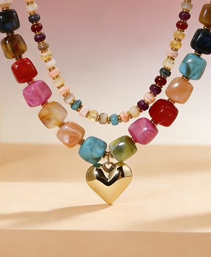 BOMAIL 2PCS Chunky Acrylic Beaded Choker Necklaces for Women Boho Colorful Resin Bead Choker Necklaces Set Big Bead Necklace Fashion Trendy Summer Necklaces Jewelry - color: A:Heart