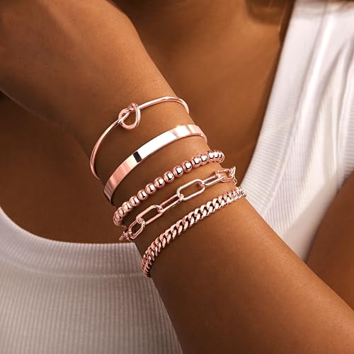 Gokeey Gold Bracelets Set for Women Non Tarnish, Waterproof 14K Gold Plated Sterling Silver Chunky Cuff Bracelet Stackable Gold Bangles Bracelet for Women Trendy Fashion Accessories Tie Knot Cuban Rope Paperclip Beaded Bracelet Stack Jewelry Mothers Day G