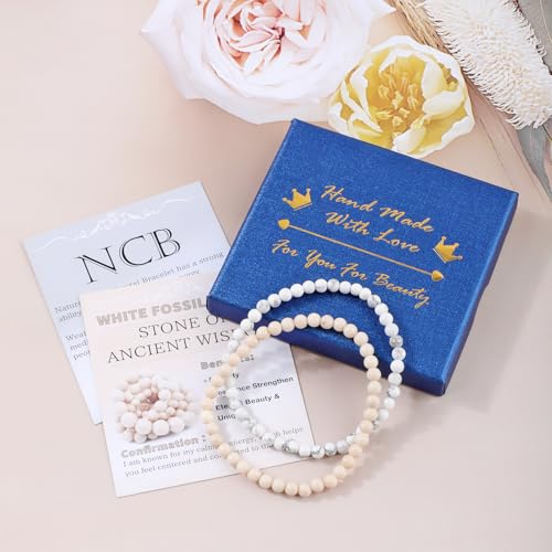 NCB 2.3-Piece 4mm Natural Crystal Gemstone Stretch Bracelets – Handmade Reiki Energy Healing Jewelry for Meditation,Yoga, Unisex - color: 2PCS ( Howlite+White Fossil Jasper ), size: 4mm