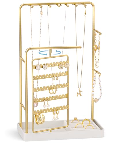 ProCase Jewelry Stand Holder Organizer, Jewelry Display Storage with Ring Tray, Rotating Earring Bracelet Necklace Holder, Valentine's Gifts Room Dorm Decor for Teen Girls -Gold (No-Assembly) - color: Gold