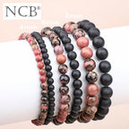 NCB 2.3-Piece 4mm Natural Crystal Gemstone Stretch Bracelets – Handmade Reiki Energy Healing Jewelry for Meditation,Yoga, Unisex - color: 2PCS ( Pink black Rhodonite+Matte Black Agate ), size: 8mm