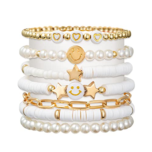 LieToi Preppy Heishi Bracelets Set Colorful White Gold Smile Heart Star Evil Eye Beaded Polymer Clay Pearl Stackable Charm Y2K Kidcore Summer Beach Bohemian Layering Bracelets Jewelry for Women Girls Teens - color: White Gold