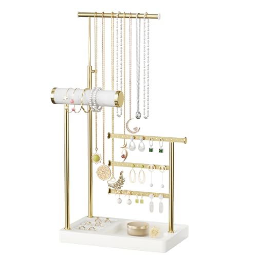 SZQINJI 5 Tier Jewelry Holder Organizer, Gold Jewelry Stand with Velvet Bracelet Holder, Adjustable Height Jewelry Display for Necklaces, Bracelets, Earrings, Rings, Gift Idea for Women, White - color: White
