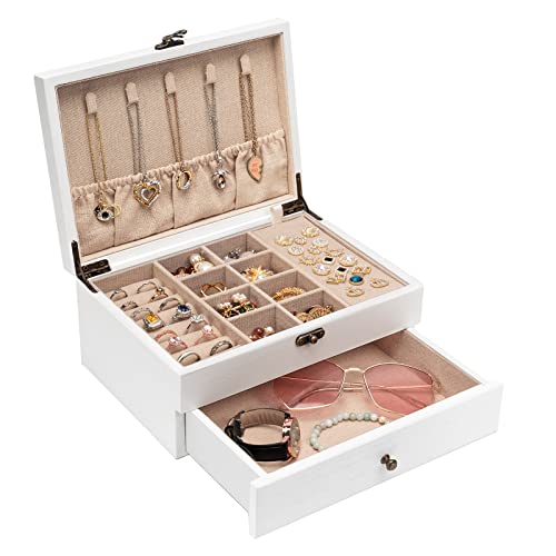 Pinzoveco Jewelry Box for Women, Rustic Wooden Jewelry Organizer Box for Storage Earrings Rings Necklace Bracelet, Farmhouse Style Wood Jewelry Boxes & Organizers (White) - color: White