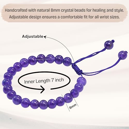 Amazing Gemstone Amethyst Bracelet for Women Men's Gifts - Protection Healing Crystal Bracelet - 8mm Gemstone Beaded Adjustable Bracelet Pulseras Para Hombres Mujer Stocking Stuffers - color: Amethyst