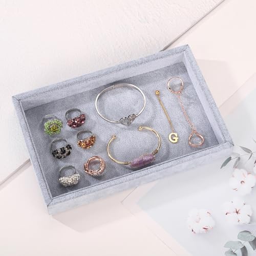 2 Pcs 9" x 5.7" Velvet Jewelry Tray Jewelry Display Tray, Stackable Empty Plate Trays for Earrings Necklaces Bracelet Rings Display Showcase - Grey - color: Grey, size: Flat Tray 9"x5.7"