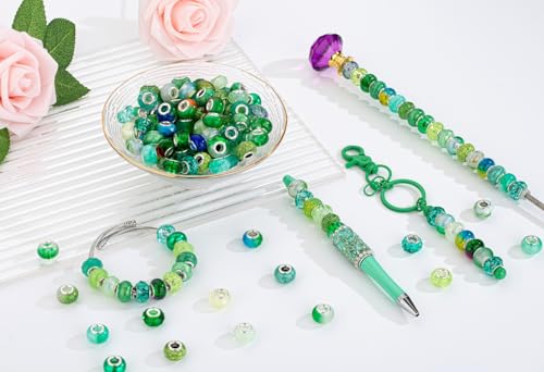 LAIDANLA Green Mix Large Hole Beads, 100pcs 15mm x 5mm Round Resin, Plastic, Acrylic Loose Beads for Jewelry Making, Bracelet, Necklace, Earrings, Keychain, DIY Gifts - color: H-Green Mix