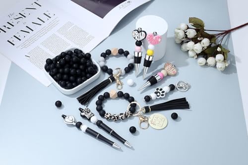 MAIBAOTA 120 Pcs Black Silicone Beads 15 mm Bulk for Keychain/Pens/Bracelet/Necklace Making Rubber Round Beads for Craft Making (with Boxed Kits) - color: Black