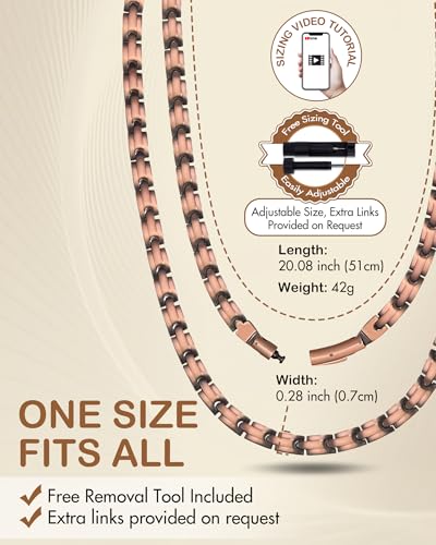 Feraco Copper Necklace for Men Women, 99.99% Pure Copper Magnetic Chains with 3500 Gauss Ultra Strength Neodymium Magnets, Adjustable Jewelry Gift with Sizing Tool - style: Smooth Wave