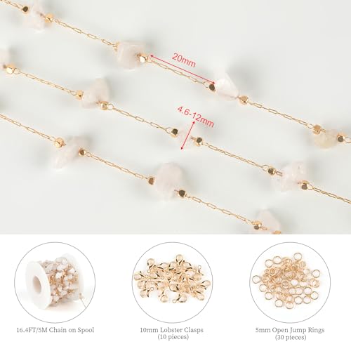 KYUNHOO 16.4 Feet White Handmade Raw Stone Chain Links on Roll Gold Plated Chains for Jewelry Making Brass Crafts with Jump Rings Lobster Clasps for DIY Jewelry - color: Natural Stone-White