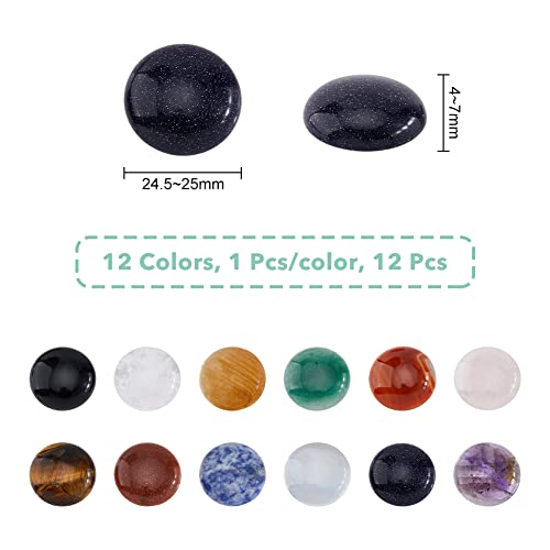 SUPERFINDINGS 12Pcs 12 Styles Natural Cabochon Gemstone 25mm Half Round Dome Flatback Quartz Stone for Necklace Jewelry Making DIY Craft Handmade - size: 25mm