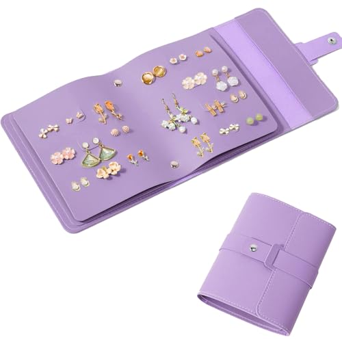 QBestry Earring Holder Organizer Book for Travel, 42 Pairs Stud Earrings Organizer with Staggered Holes & Snap, Waterproof PU Leather Earring Storage Case Portable Earrings Book for Women Girls-Violet - color: Violet