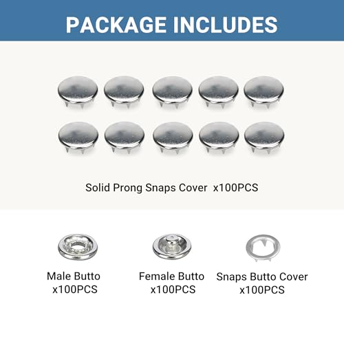 100 Sets Metal Snap Buttons, Sterling Silver Solid Sewing Snaps for Fabric, Prong Snap Button Kits for DIY Crafting Clothing Sewing (9.5mm / 400 PCS) - color: Solid Silver