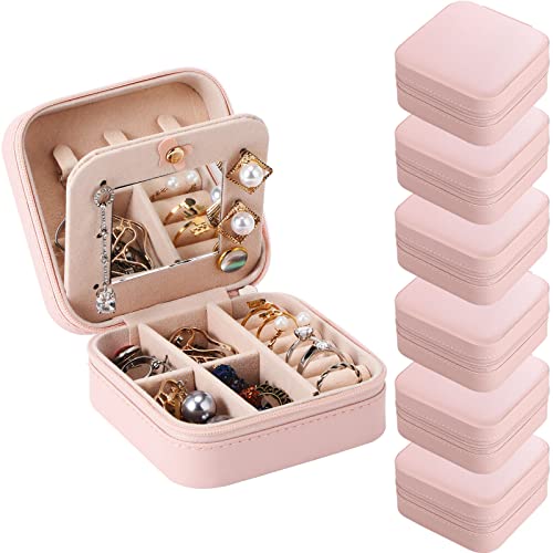 Hillban Bridesmaid Gifts Jewelry Box with Mirror, PU Leather Small Travel Jewelry Case Organizer Storage for Women Girls - color: Pink