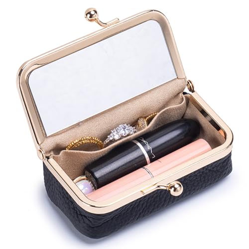 Genuine Leather Travel Jewelry Box, Mini Jewelry Organizer Case with Mirror for Women, Small Lipstick Bag for Purse, Cute Portable Gift for Her women giril (Black, Mirror) - color: Black, size: A
