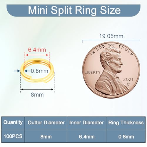 100pcs 8mm Tiny Split Ring for Jewelry Making, Double Loops Round Split Jump Rings Necklaces Bracelets Earrings Metal Mini Key Rings DIY Craft - color: 8mm Outter Dia.;6.4mm Inside Dia. Gold