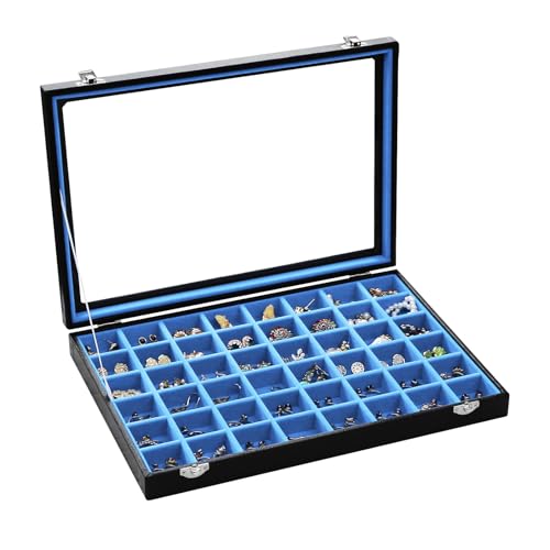 Stratalife Jewelry Organizer 48 Grid Jewelry Tray with Clear Lid Dust-proof Velvet Earring Organizer Necklace Rings Holder Display Drawer Storage Case for Women Blue Black - color: Blue-Black, size: 48 Grid