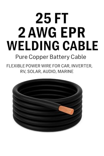 2 AWG EPR Welding Cable, Pure Copper Battery Cable, Flexible Power Wire for Car, Inverter, RV, Solar, Audio, Marine Applications, Black and Red (25 FT Black, 2 AWG) - color: 25 FT BLACK