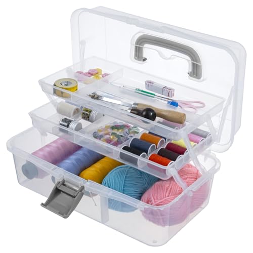 MyGift 13 Inch Transparent Plastic Empty Multipurpose Storage Box with Gray Handle, Latching Lid and 2 Expandable Trays for Tools, First Aid, Sewing Kit, Arts Crafts Supplies - color: Transparent & Gray