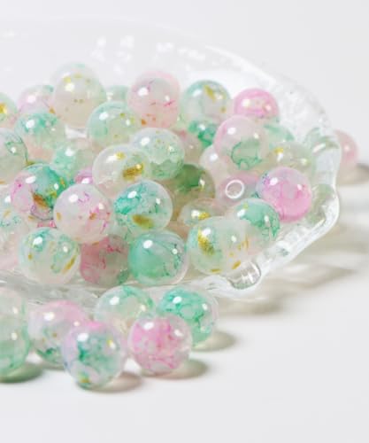 100Pcs 10mm Crackle Glass Beads for Jewelry Making - Round Spacer Crystal Beads Bulk, DIY Craft Supplies for Necklace Bracelet Earrings (Pink Green Gold) - color: Pink Green Gold