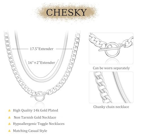 CHESKY 14K Gold Plated Chunky Necklace for Women, Trendy Paperclip Chain Necklace Thick Cross Heart Pendant Necklace Layered Herringbone Cuban Link Chain Toggle Necklaces Non Tarnish Jewelry - color: silver, style: cuban+herringbone