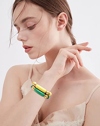 LALAPPLE Gold Plated Beaded Acrylic Bamboo Tube Bangle Bracelets for Women, Colorful Chunky Curved Tube With Gold Plated Pieces Beads Stretch Bracelet Friendship Summer Beach Jewelry - color: V-Grass green&Straw yellow 2pcs