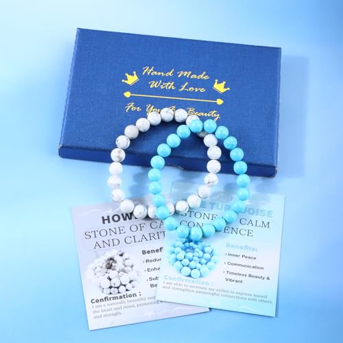 NCB 2.3-Piece 4mm Natural Crystal Gemstone Stretch Bracelets – Handmade Reiki Energy Healing Jewelry for Meditation,Yoga, Unisex - color: 2PCS ( Blue Turquoise+Howlite ), size: 8mm