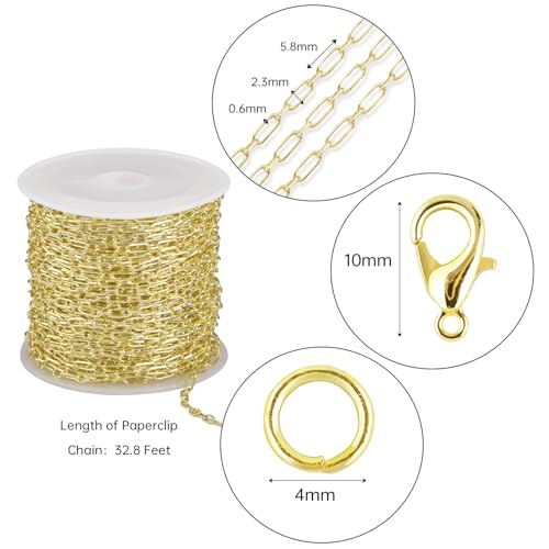 Crisjanggo 32.8 Feet Gold Paperclip Chains for Jewelry Making 14K Gold Plated Brass Jewelry Making Chains Roll Bulk for Bracelet Women DIY Craft Chain - color: 1:1 Paperclip Gold