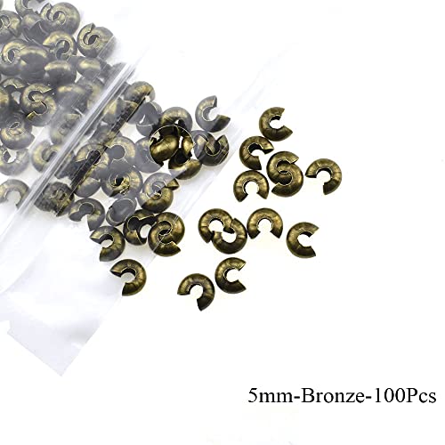 Crimp Bead Knot Covers 5mm Outer Dia Half Round Open Form a Ball Easy to Position Two Sides Keep Flush Close Neatly Evenly Stop Wire Wear No Irritate for Jewelry Craft Bronze Copper 100pcs - size: 5mm-Bronze-100Pcs