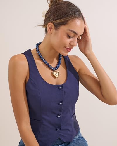 Gold Heart Pendant Necklaces for Women Colorful Acrylic Resin Beaded Choker Necklace Fashion Chunky Statement Beaded Heart Necklace - color: Blue