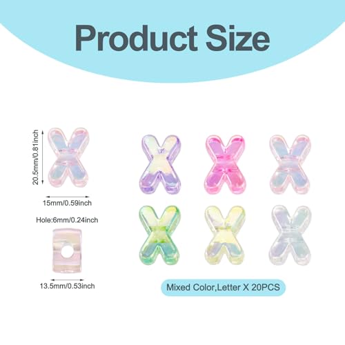 FASHEWELRY 20Pcs Large Hole Acrylic Beads Letter X Iridescent Big Plastic Letter Blocks European Beads Clear 3D Letters Initial Alphabet Bead for Keychains Necklace DIY Arts Craft - color: Random Clear, size: X