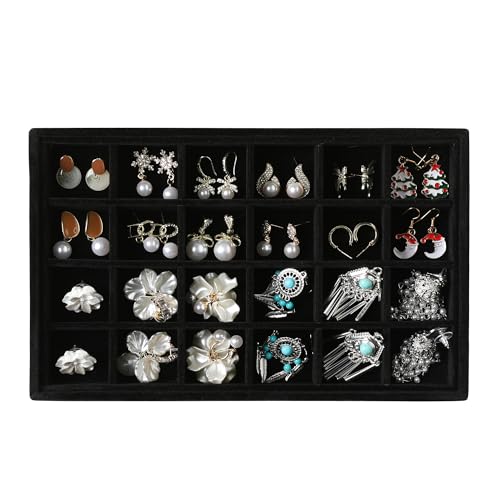 Frebeauty 24 Grid Earring Holder Organizer Tray, Jewelry Organizers and Storage for Drawer,Velvet Jewelry Display Storage for Earrings,Rings,Studs,10.5 x 6.5 x 1.2 Inches Gift for Women (Black) - color: Black, size: Set1