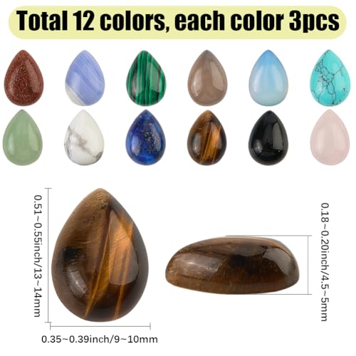 1 Box 36Pcs 12 Styles Teardrop Gemstone Cabochons Flatback Stone Natural Tiger Eye Rose Quartz Aventurine Turquoise Crystal Gems No Hole Bead Cabochon for Jewelry Making DIY Craft Accessories