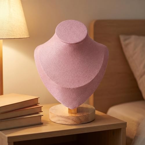 Pink Mannequin Bust Jewelry Organizer - Necklace Holder Stand with Wood Base for Home and Shop Display, 7.67 X 5.90 X 3.54 Inches