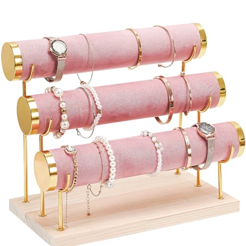 ProCase Bracelet Holder Display Bracelet Organizer Stand, Gold Detachable Bangle Storage Rack for Selling, Velvet Wrap Watch Holder with Wooden Base for Women Girls, Business Supplies - 3 Tier, Pink - color: Pink, size: 3 Tier
