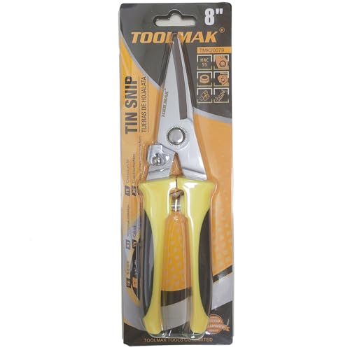 TOOLMAK Aviation Tin Snips Heavy Duty Metal Cutter, Straight Shears with Stainless Steel Blade & Comfort Grips, Multifunction Cutting of Branches, Cable Wires, Thin Iron, Cardboard(Right Hand), 8 Inch - size: 8 Inch Straight Blade